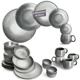 Springlane Misty Cliff Geschirr Set 48-teilig – Steinzeug Tafelservice für 8 Personen – 8x Speiseteller, 8x Suppenteller, 8x Müslischalen, 8x Dessertteller, 8x Kleine Schalen, 8x Tassen Grau