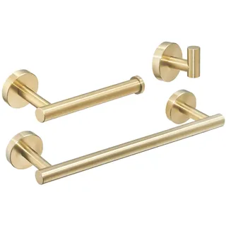 Badzubehör-Set Gold 3-teilig – Handtuchhalter, WC-Papierhalter, Haken | Drei Badaccessoires mit Wandhalterung – korrosionsbeständig, pflegeleicht, passend für moderne und klassische Bäder.