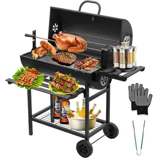 TEENO Holzkohlegrill, mit XXL-Grillrost, Verbrennungsschutzhandschuhen, Thermometer, Ascheschublade, verstellbarem Lüfter, Großer Holzkohlegrill (Upgraded (mit Hähnchengrill))