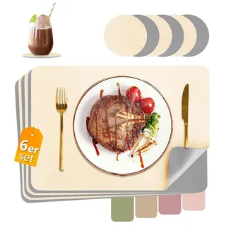 HELI MIAO Tischsets Abwaschbar,Platzsets Abwischbar,Tischset Leder,Hitzebeständig Doppelseitigen I 6er Set Platzdeckchen Lederoptik mit Untersetzer,Tischuntersetzer,Platzdecken beige+Haze blau