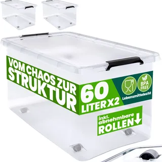 DEUBA® Aufbewahrungsboxen 2 x 60l mit Deckel und Rollen, stapelbar, transparent Kunststoff BPA-frei Klickverschluss, RB60 für Büro, Garage, Waschraum - Transparent