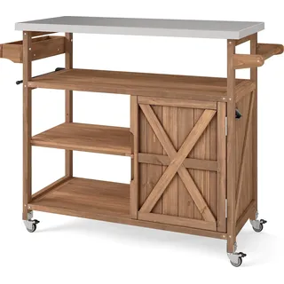 COSTWAY Grillwagen Outdoor, Servierwagen auf Rollen, mit Edelstahl-Arbeitsplatte, Ablagen, Gewürzregal, Schrank&Handtuchhalter, (1 Tür-118x47x92 cm) - Naturbelassen