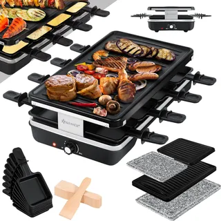 Kesser KESSERÂ¬Æ Gourmet-Set mit natürlicher Grillplatte | Gourmet-Set für 8 Personen elektrischer Grill Raclette mit Antihaftbeschichtung, 8 Pfännchen und Holzspatel - Schwarz, 1200W - Schwarz