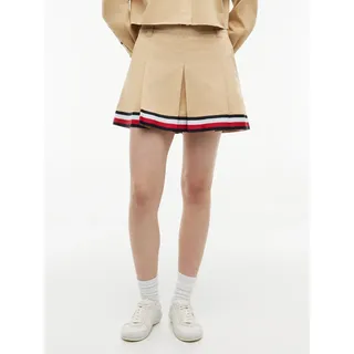 Minirock TOMMY JEANS "TJW RWB TAPE MINI SKIRT", Damen, Gr. 32, beige (gentle gold), Web, Obermaterial: 100% Baumwolle, unifarben mit Farbeinsatz, kurz, Röcke Minirock, Baumwolle