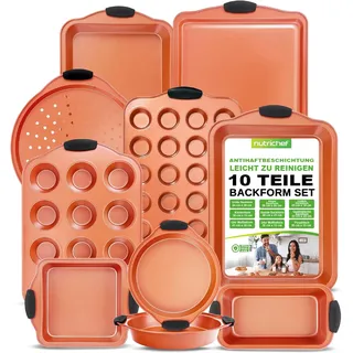 NutriChef Backset 10-teilig – Antihaft Backblech & Brotbackform, Muffinform, Auflaufform Kupferfarben – Ofenfest bis 230 °C, Spülmaschinengeeignet, Silikongriffe, Stapelbar zur Aufbewahrung