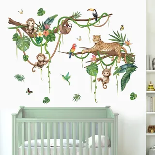 FUFUQUARE Dschungel Tiere Wandaufkleber Niedliches Faultier Leopard Affe Klettern Baum Ast Wandtattoo PVC für Kinder Kinderzimmer Schlafzimmer Wohnzimmer