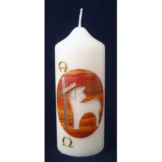 Osterkerze mit LAMM und KREUZ 165 x 60 mm mit ALPHA und OMEGA Symbol WACHSVERZIERUNG für KIRCHE GOTTESDIENST oder ZUHAUSE von MaMeMi