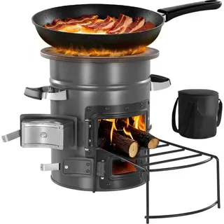 Raketenofen BBQ, Tragbarer Holzofen mit Tasche, SPCC-Stahl, Doppeltüren - Zum Verbrennen von Zweigen, Stöcken oder Holzkohle - Outdoor Kochen, Campingkocher, Campinggrill - Grau
