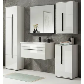 Badmöbel Set "Design-D" in weiß Hochglanz Badkombination mit Waschbecken, 6-teilig - Weiß, Schwarz