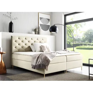 GUTTO Boxspringbett LIDIA 120 x 200cm 2x Bettkasten TOPPER 5cm Gratis Beige Velour hohe goldene Beine - Beige