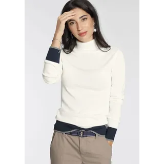 Rollkragenpullover AJC, Damen, Gr. 36/38 (S), bunt (sanftes weiß, marine), Feinstrick, Obermaterial: 50% Baumwolle, 50% Polyacryl, unifarben mit Farbeinsätzen, sehr figurbetont hüftlang, hoch geschlossener Ausschnitt, Rippbündchen, Pullover Rollkragenpullover, in enger Form mit Farbkontrasten