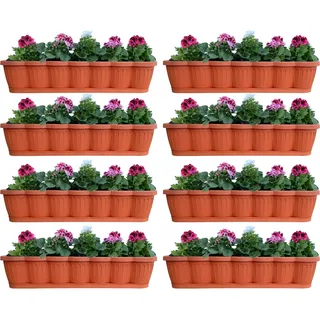 Blumenkasten Balkonkasten Pflanzkasten 8er Set 80 cm Terracotta mit Untersetzer