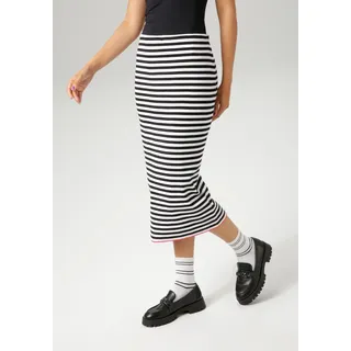 Strickrock ANISTON CASUAL, Damen, Gr. 38, bunt (schwarz, weiß, rot), Feinstrick, Obermaterial: 50% Viskose, 28% Polyester, 22% Polyamid, geringelt, gestreift, sehr figurbetont wadenlang, Röcke Strickrock, mit rotem Farbakzent am Saum