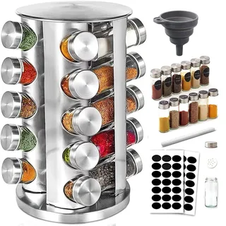 Gewürzkarussell 360°drehbar Gewürzregal, 20 Gewürzgläsern(ohne Inhalt),Lebensmittelqualität 430-Edelstahl Rotationsküchen Gewürzständer,Gewürzdosen zum Streuen,mit Etikettenpapier und Schreibstift