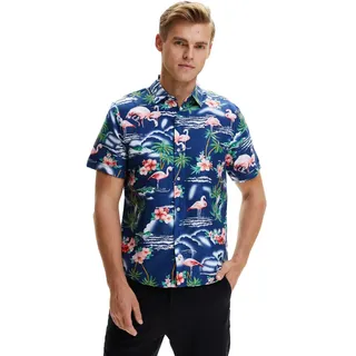 SSLR Hawaii Hemd Männer, Flamingo Hawaii Hemd, Hawaiihemd Herren Kurzarm Floral Gedruckt Regulär fit (X-Large, Marine)