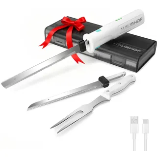 HAUSHOF Elektromesser, Kabelloses Küchenmesser mit 2 Edelstahlklingen, Elektrisches Messer mit Gabel, 2000 mAh Akku für Präzises Schneiden von Brot, Fleisch und Käse, mit Aufbewahrungsbox, Weiß