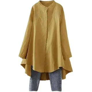 Minibee Damen Baumwolle Leinen Hemd High Low Button Down Stickerei Bluse Langarm Tunika Tops - Gelb - X-Groß