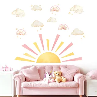 fufuquare Pastell Halbe Sonne Flauschige Wolken Regenbogen Wandtattoos, Abziehen und Aufkleben Abnehmbare Boho DIY Wandaufkleber für Kinder Schlafzimmer Kinderzimmer, Zuhause