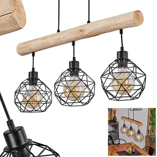 HOFSTEIN Pendelleuchte Bacabal, Hängelampe aus Metall/Holz in Schwarz/Naturfarben, höhenverstellbare Hängeleuchte mit Holzstab, Schirme in Gitter-Optik, 3-flammig, 3 x E27, Esszimmer, Küche