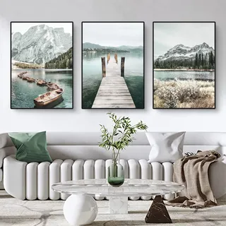 Martin Kench 3er Poster Set, Moderne Bergen Seen und Blumen Bilder Set, Natürliche Landschaftsbilder Wandbilder für Wohnzimmer Wanddeko, ohne Rahmen (A,40x50cm)