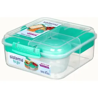 Sistema 5-Fach unterteilte XL Lunchbox BENTO Cube - 1250 ml Vesperdose inklusive Becher mit Schraubverschluss 17,5 x 17,5 x 8 cm (B x T x H) 21685 Grün