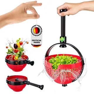 WoonFux® NEU!!! Salatschleuder mit praktischem Klappgriff - Salat Spinner mit minimaler Kraftanwendung durch Druck - Salatschleuder faltbar für Ihren Küchenkomfort (Rot)