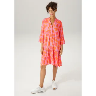 Tunikakleid ANISTON CASUAL, Damen, Gr. 38, N-Gr, bunt (pink, orange, fuchsia), Web, Obermaterial: 100% Viskose, bedruckt, geblümt, lässig geschnitten kniefrei, V-Ausschnitt, Volant, Kleider Tunikakleid, mit farbenfrohen, graphischen Blüten bedruckt, Topseller