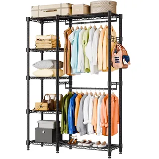Himimi Kleiderständer Stabil, Kleiderschrank Offen mit Doppel-Kleiderstangen & 5 Höhenverstellbaren Regalen, Metall Garderobe Kleiderständer Schwerlast für Schlafzimmer Flur, 114 x 44 x 195cm Schwarz