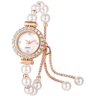 Silverora Damenuhren Perlen Strass Glitzer: Klein Analog Quarz Uhr Damen Glitzend Diamante Armbanduhren mit Verstallbar Künstliche Perlenarmband Geschenke für Frauen Mädchen Roségold