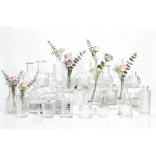 Kleine Glasvasen Set von 24, für Tischdekoration, Hochzeit, Empfang, Zuhause, Vintage-Flaschen, Transparent, Dekorative Glasvasen mit Deckeln(24, Transparent)
