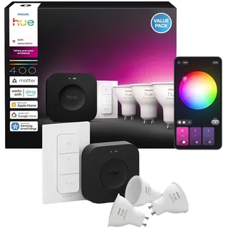 Philips Hue Starter Kit Pro 3 St. GU10 + Dimmer Switch + Bridge Pro Schwarz/Weiß