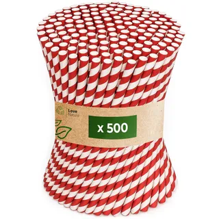 Love Nature Strohhalme Papier - Papierstrohhalme 500 Stück - Trinkhalme Papier Recycling - Rot Weiß - Paper Straws - Strohhalm Einweg