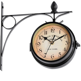 POHOVE Doppelseitige Wanduhr für den Garten, Bahnhof, Wanduhr für den Außenbereich, geeignet für Zäune im Innen- und Außenbereich (schwarz, Größe: 21,8 x 21,8 cm, Typ 2)