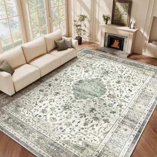 HOMFINE Teppich Wohnzimmer 120x170cm Vintage Waschbar Hell Grün