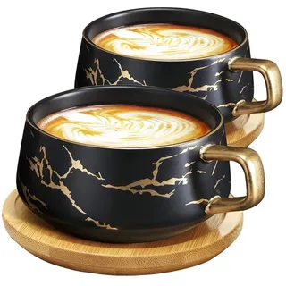 VETIN 2 Stücke Cappuccino Tassen mit Unterteller, Tasse Marmor, 300 ml Espressotassen aus Porzellan für Tee Kaffee Cappuccino, Kaffee-Tassen mit Holzscheibe (Schwarz*2)