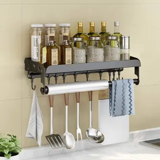 Fooaot Gewürzregal Wand ohne Bohren,gewürzregal Hängend Mit küchenrollenhalter und 6 Haken, Küchenregal Wand für Gewürze,304 Edelstahl Wandmontage Gewürzregal für Badzimmer und Küche,40cm schwarz