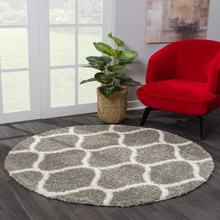 Sanat Madrid Shaggy Teppich Rund - Hochflor Teppiche für Wohnzimmer, Schlafzimmer, Küche - Morocco Grau, Größe: 80 cm