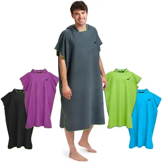 Fit-Flip Badeponcho aus Mikrofaser für Damen und Herren - schnelltrocknend, kompakt und Ultraleicht - Strandponcho für Erwachsene mit Kapuze (Größe M, Dunkelgrau/Grün)