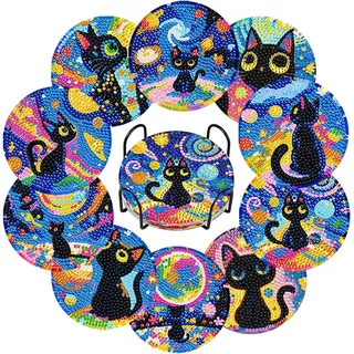 Avigers 10 Stücke Diamond Painting Untersetzer, Katze Diy Set Erwachsene mit Halter, Bastelset Erwachsene für Handwerk, Anfänger, Geburtstagsgeschenk für Kinder (10P)