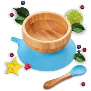 Kleiner Fuchs Bambus Baby Schüssel mit Saugnapf, Schüssel mit rutschfestem Saugnapf inkl. passendem Baby Löffel, hochwertiges Baby Geschirr Set mit Saugnapf inkl. Geschenkbox - Basis Design