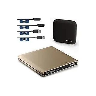 techPulse120 Externes USB 3.1 Blu-ray DVD CD USB-C UHD 4k 3D M-DISC BDXL HDR10 128GB Laufwerk Brenner Burner Superdrive BD Imperator Paket Tasche 90cm Anschlusskabel Aluminium Gold - Gold