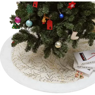 Lewondr Weihnachtsbaum Rock mit Bronziermuster, 48 Zoll Rund Weihnachtsbaumdecke Christbaumständer Teppich aus Weicher Samt für Zuhause Weihnachtsfeier Weihnachtsbaum - Beige & Weiß