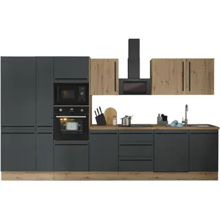 Küchenzeile KOCHSTATION "Florida", schwarz (küche: schwarz, front: artisan eiche, schwarz matt, korpus: artisan eiche, arbeitsplatte: artisan eiche), B:370cm H:211cm T:60cm, Komplettküchen-Sets, Küchenzeile, Breite 370 cm, wahlweise mit E-Geräten,Softclose für Türen/Schubkästen