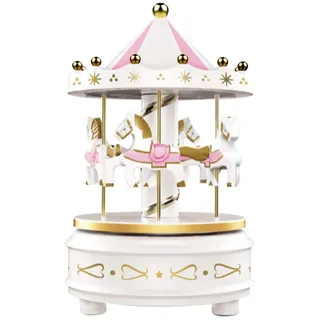 Karussell Uhrwerk Spieluhr Bunte LED Merry-go-Round Spieluhr Geschenk- Leicht drehbar Weiß - Pferde Klassik Dekor, Melodie von Beethoven. Mit dem Musiklicht Einschlafen Oder den Kuchen Dekorieren.