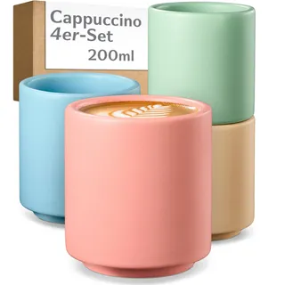 Cosumy Cappuccino Tassen Set 4er Pastell 200ml stapelbar – Kaffeetassen Set | Dickwandig hält lange warm, mattes Finish, ohne Henkel, spülmaschinen- & mikrowellenfest, Coffee Cup, für 4 Personen, Keramik