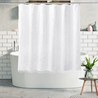 Extra langer weißer strukturierter gewebter Stoff Boho-Duschvorhang mit Quasten, 182,8 x 167,6 cm (72 x 66 Zoll), moderner Landhausstil, minimalistisch, getuftet, Chevron, gestreift, Shabby-Chic