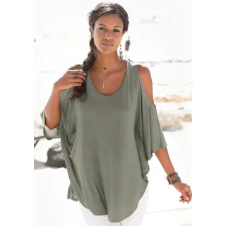 LASCANA Strandshirt, mit Zierband im oberen Rücken, Longshirt, 3/4-Ärmel, schulterfrei, grün