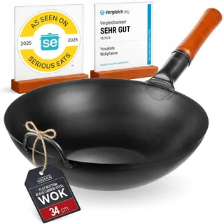 YOSUKATA Karbonstahl Woks & Wokpfannen - 34 cm Voreingebrannter Wok Pfanne Karbonstahl Flacher Boden - Traditionell Wok für induktionsherd - Kompatibel mit Gas- Elektroherden Grill Induktion Feuer