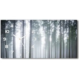 Wanduhr aus Glas – 60x30 cm - Glasbild - Glasuhr - Gehärtetes Glas - weisse-zeiger - Nebel im Wald