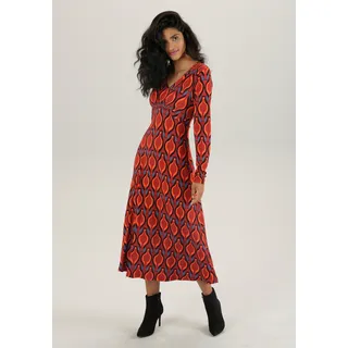 Midikleid ANISTON SELECTED, Damen, Gr. 46, N-Gr, rot (dunkelrot, schwarz, blau, rot), Single Jersey, Obermaterial: 95% Viskose, 5% Elasthan, bedruckt, gemustert, figurumspielend Midi, V-Ausschnitt, Kleider Midikleid, mit Smok-Einsätzen und Retro-Druck
